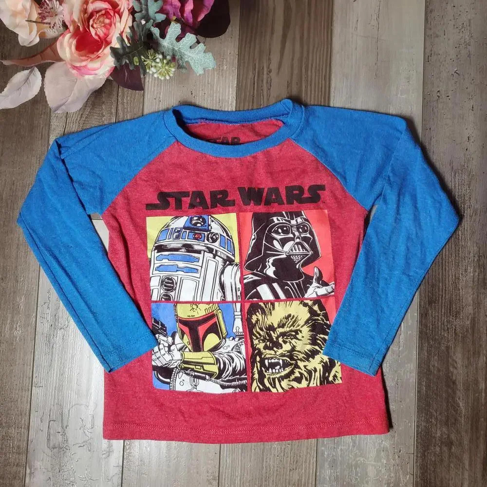 Star Wars Graphic Raglan Long Sleeve T-Shirt Blue Red Boys Size Medium 5/6 EUC